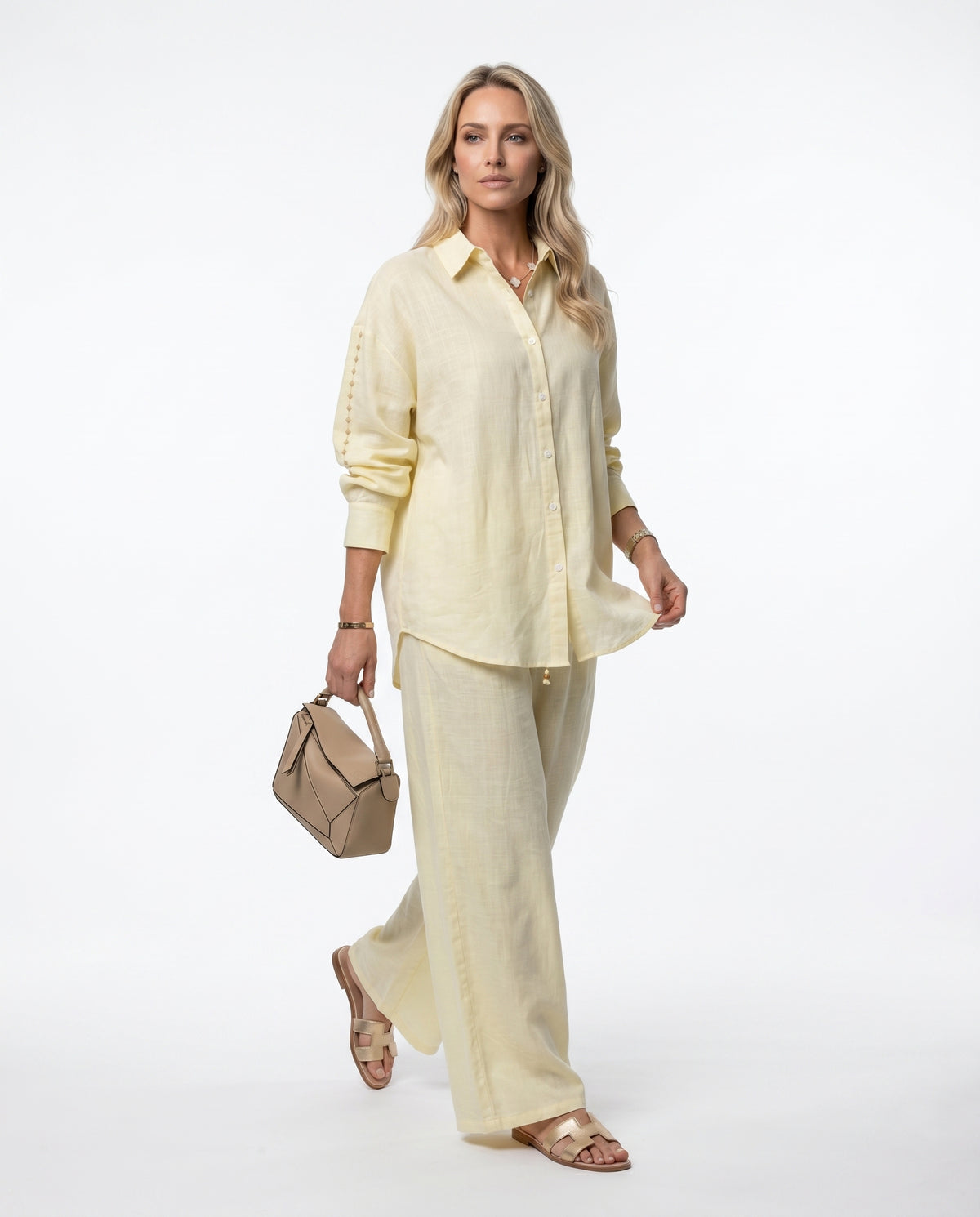 Camisa Linho Bordado - Areia