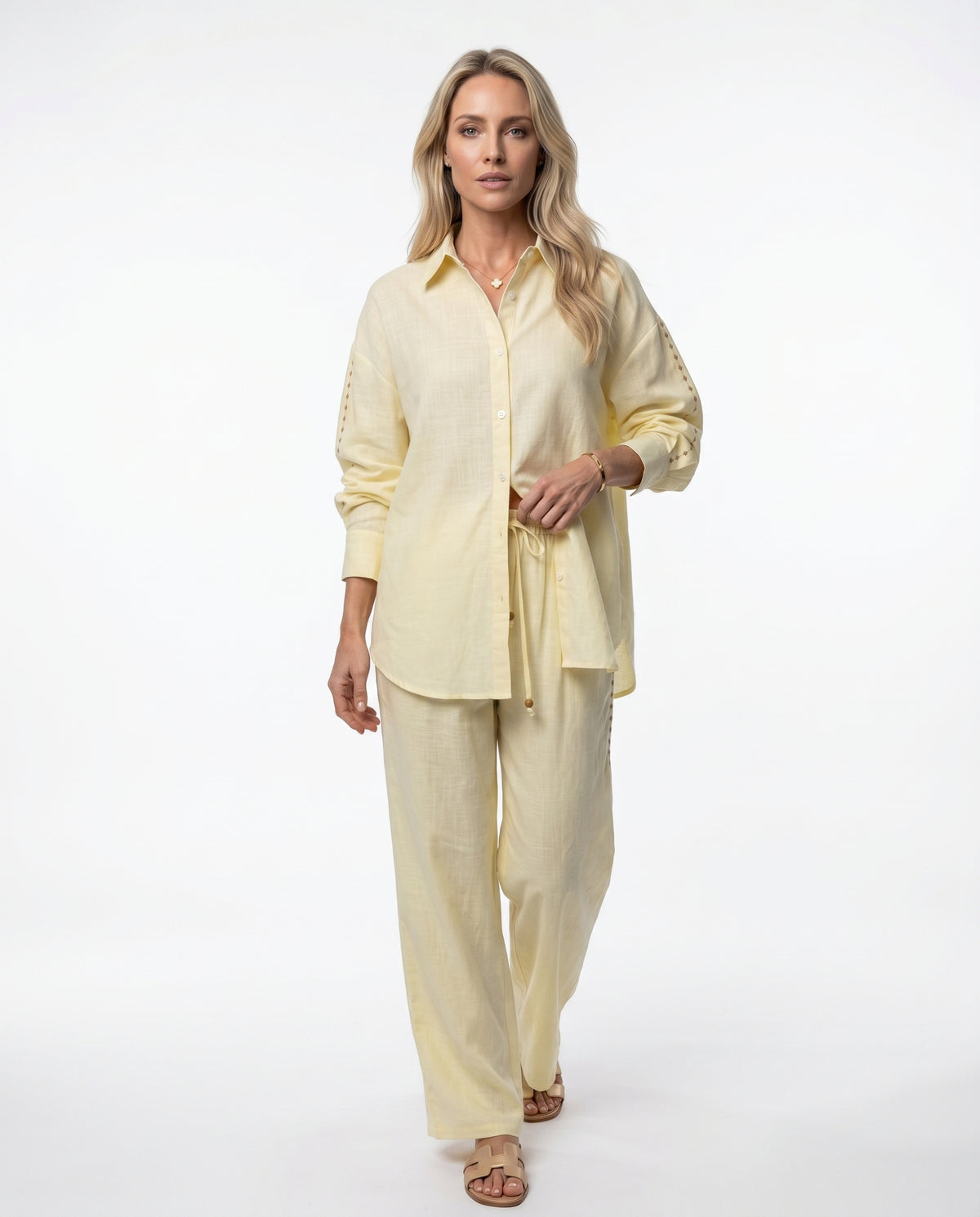 Camisa Linho Bordado - Areia